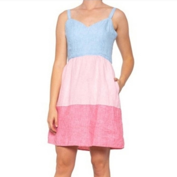 Cynthia Rowley Dresses & Skirts - Cynthia Rowley 100% Linen Pink & Blue Chambray Color Block Tiered Sundress